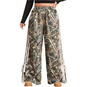 imageWomens Plus Size Striped Camo Print Pants High Waisted Wide Leg Bowknot Baggy Trousers StreetwearMulticolor