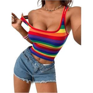 imageWomens Rainbow Striped Print Crop Tank Tops Sleeveless Scoop Neck Slim Fit Summer TopsOrange Multicolor