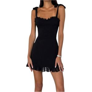imageWomens Ruffle Hem Cami Dress Tie Strap Bodycon Dresses Vacation Party Mini DressBlack