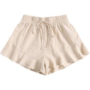 imageWomens Ruffle Hem Drawstring High Waist Linen Shorts Boho Flowy Casual Vacation Summer ShortsBeige