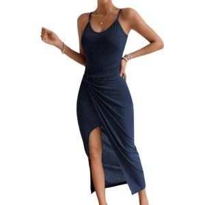 imageWomens Sexy Twist Front Wrap Hem Bodycon Dress Spaghetti Strap Split Thigh Ribbed Knit Cami DressesNavy Blue