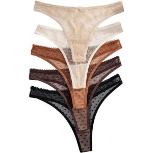 imageWomens Sheer Mesh Bowknot Thongs Heart Print Low Rise Panties Soft Underwear Sets Pack of 5Multicolor