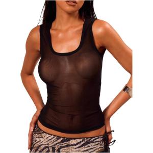 imageWomens Sheer Square Neck Tank Top Sleeveless Fitted Vacation Summer Tops Basic ShirtBlack