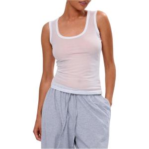 imageWomens Sheer Square Neck Tank Top Sleeveless Fitted Vacation Summer Tops Basic ShirtWhite