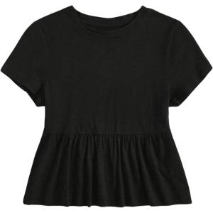imageWomens Short Sleeve Ruffle Hem Peplum Tee Shirts Slim Fit Crewneck T Shirt TopsBlack