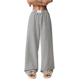 imageWomens Striped Wide Leg Pants Elastic Waist Letter Patched Long Trousers with PocketsBlack and White