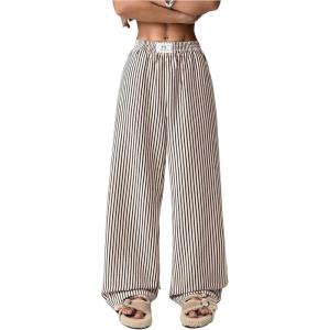 imageWomens Striped Wide Leg Pants Elastic Waist Letter Patched Long Trousers with PocketsBrown
