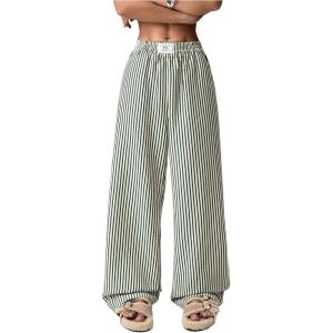 imageWomens Striped Wide Leg Pants Elastic Waist Letter Patched Long Trousers with PocketsGreen