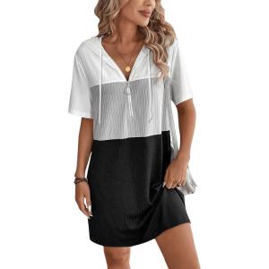 imageWomens Summer Dress Colorblock Short Sleeve Half Zip Hooded T Shirt Dress Loose Tunic DressMulticolor