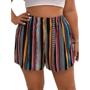 imageWomens Summer Geo Tribal Print Boho Mini Shorts Elastic High Waisted Graphic Holiday Shorts with PocketsMulticolor