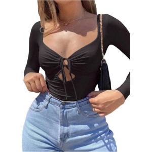 imageWomens Tie Front Cut Out TShirt Deep V Neck Long Sleeve Slim Fit Fall TeesBlack