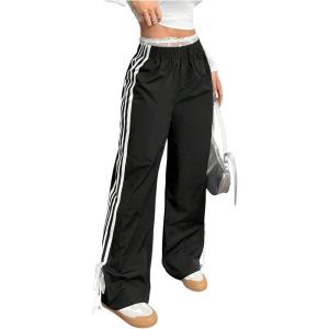 imageWomens Tie Side Striped Straight Leg Sweatpants Elastic High Waisted Casual Sports Baggy PantsBlack