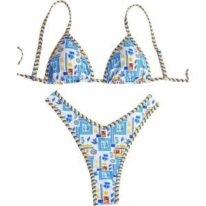 imageWomens Tropical Graphic High Cut Bikini Sets Spaghetti Strap Triangle Wireless Bathing Suit SwimsuitMulticolor