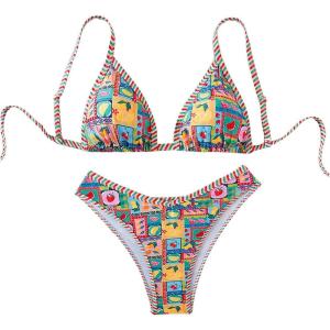imageWomens Tropical Graphic High Cut Bikini Sets Spaghetti Strap Triangle Wireless Bathing Suit SwimsuitMulticoloured