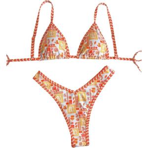 imageWomens Tropical Graphic High Cut Bikini Sets Spaghetti Strap Triangle Wireless Bathing Suit SwimsuitOrange