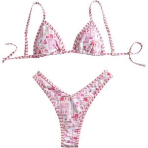 imageWomens Tropical Graphic High Cut Bikini Sets Spaghetti Strap Triangle Wireless Bathing Suit SwimsuitPink