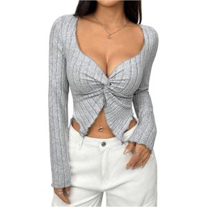 imageWomens Twist Sweetheart Neck T Shirt Ribbed Knit Long Sleeve Crop Tops Going Out TeesGrey