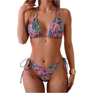 imageWomens Two Piece Boho Graphic String Bikini Sets Graphic Halter Neck Bathing Suit Tie Side SwimsuitMulticolor