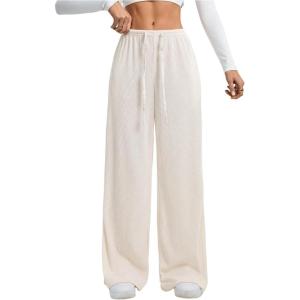 imageWomens Wide Leg Ribbed Knit Pants Drawstring Waist Low Rise Casual Long TrousersApricot