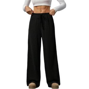 imageWomens Wide Leg Ribbed Knit Pants Drawstring Waist Low Rise Casual Long TrousersBlack