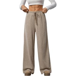 imageWomens Wide Leg Ribbed Knit Pants Drawstring Waist Low Rise Casual Long TrousersBrown