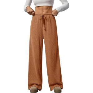 imageWomens Wide Leg Ribbed Knit Pants Drawstring Waist Low Rise Casual Long TrousersRust Brown