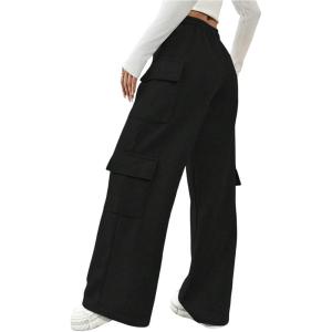 imageWomens Wide Leg Sweatpants Drawstring Waist Baggy Cargo Pants Casual Trousers with PocketsBlack