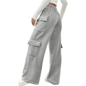 imageWomens Wide Leg Sweatpants Drawstring Waist Baggy Cargo Pants Casual Trousers with PocketsGrey