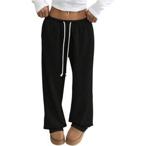 imageWomens Wide Leg Sweatpants Low Drawstring Waist Workout Track Pants Baggy TrousersBlack