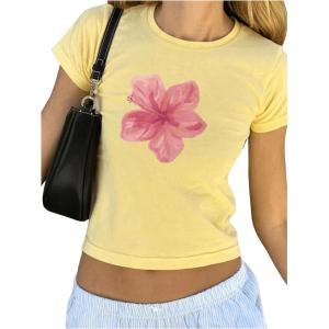 imageWomens Y2K Floral Print Graphic Tees Shirts Crewneck Short Sleeve Slim Fit Cute Crop TopsYellow
