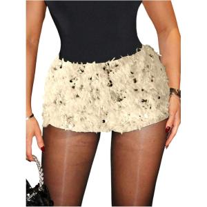 imageWomens Y2K Sequin Fuzzy Mini Shorts Elastic Waist Low Rise Glitter Party Shorts BottomsApricot