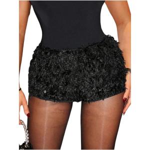 imageWomens Y2K Sequin Fuzzy Mini Shorts Elastic Waist Low Rise Glitter Party Shorts BottomsBlack