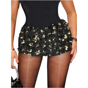imageWomens Y2K Sequin Fuzzy Mini Shorts Elastic Waist Low Rise Glitter Party Shorts BottomsSequin Black