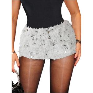 imageWomens Y2K Sequin Fuzzy Mini Shorts Elastic Waist Low Rise Glitter Party Shorts BottomsSilver
