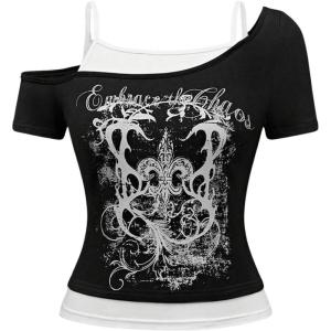 imageWomens Y2k Goth Tops Graphic Vintage Cold Shoulder TShirts Short Sleeve Fitted 2 in 1 Going Out ShirtBlack and White