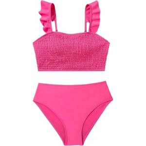 imageGirls 2 Piece Smocked Bikini Sets Summer Preppy Cute Swimsuits Ruffle Straps Bathing SuitHot Pink
