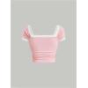 imageGirls Lace Puff Short Sleeve Crop Tops Ribbed Knit Bowknot Square Neck T Shirt Cute TopsPink