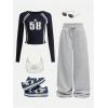 imageGirls Number Print Jersey Tee Shirts Crewneck Raglan Long Sleeve Slim Fit Crop TopsBlue