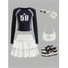 imageGirls Number Print Jersey Tee Shirts Crewneck Raglan Long Sleeve Slim Fit Crop TopsBlue