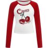 imageGirls Cherry Letter Graphic Tees Color Block Slim Fit Long Sleeve T Shirt Fall Cute Tops TrendyWhite Red