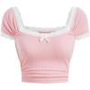 imageGirls Lace Puff Short Sleeve Crop Tops Ribbed Knit Bowknot Square Neck T Shirt Cute TopsPink