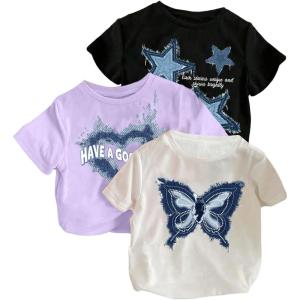 imageGirls 3 Packs Star Butterfly Graphic Tees Crew Neck Short Sleeve T Shirt Casual TopsBlack Multicolor