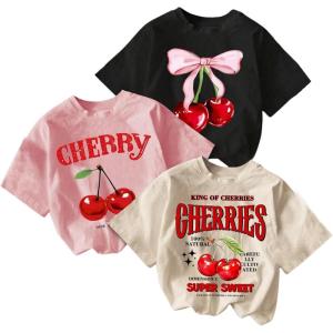 imageGirls 3 Packs Star Butterfly Graphic Tees Crew Neck Short Sleeve T Shirt Casual TopsCherry Multicolor