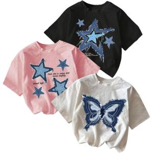 imageGirls 3 Packs Star Butterfly Graphic Tees Crew Neck Short Sleeve T Shirt Casual TopsMulticolor