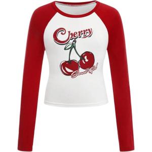 imageGirls Cherry Letter Graphic Tees Color Block Slim Fit Long Sleeve T Shirt Fall Cute Tops TrendyWhite Red
