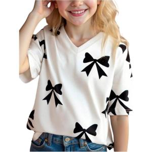 imageGirls Cute Bow Short Sleeve T Shirt V Neck Drop Shoulder Summer Tee TopsWhite