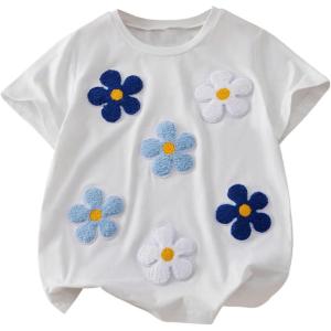 imageGirls Flowers Graphic Short Sleeve TShirt Cute Sweet Crew Neck Tee TopsWhite