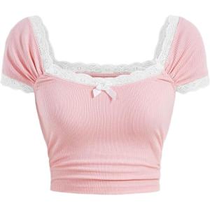 imageGirls Lace Puff Short Sleeve Crop Tops Ribbed Knit Bowknot Square Neck T Shirt Cute TopsPink
