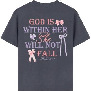 imageGirls Letter Bow Print T Shirt Short Sleeve Crew Neck Casual Graphic Tee TopsDark Grey