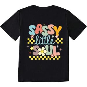 imageGirls Letter Graphic Print Cute Tops Short Sleeve Crew Neck Summer T Shirts Trendy Clothes for GirlsBlack Letter